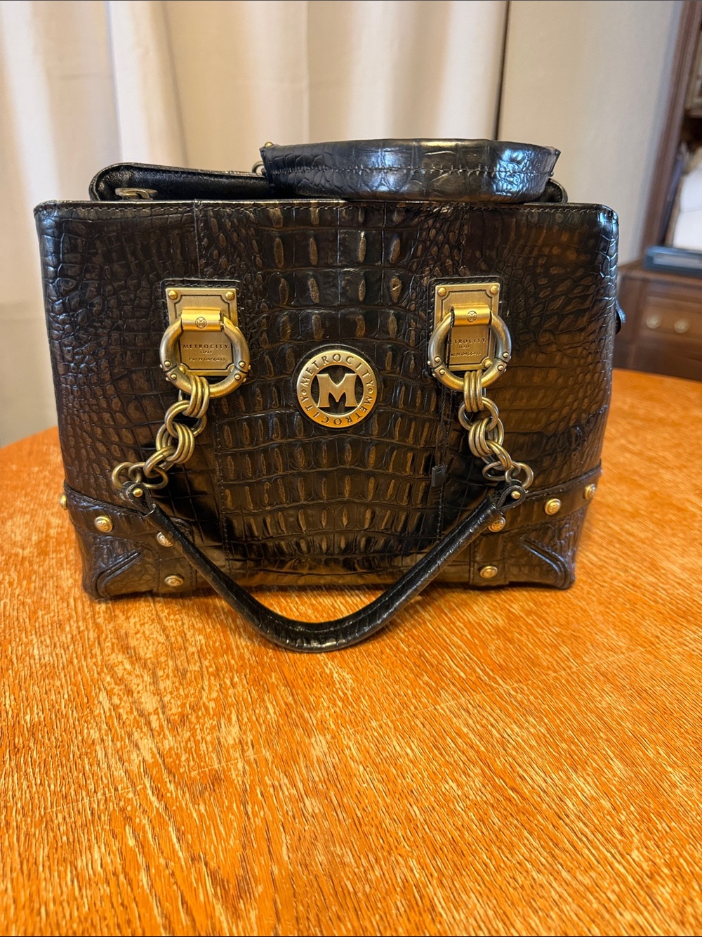 MICHAEL Michael Kors Black Croc-Embossed Satchel with Gold Hardware Accent